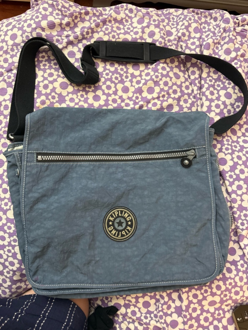 Kipling Madhouse Expandable Slate Blue Messenger Bag with Black Strap